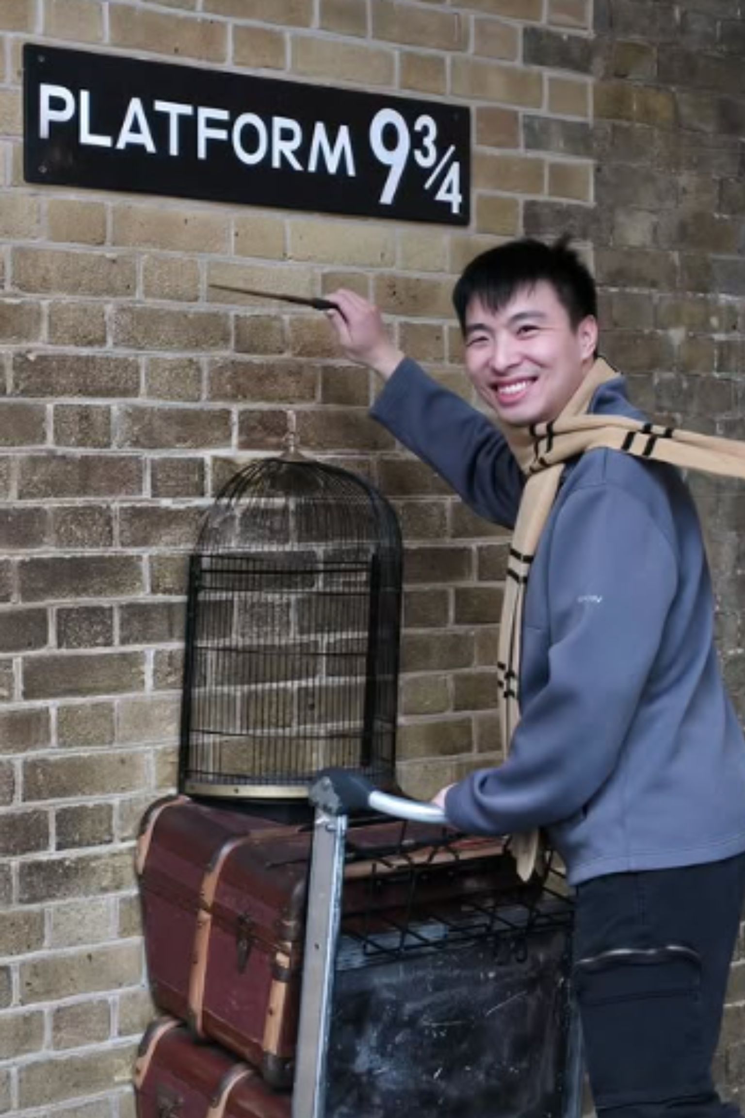 A man with short black hair, standing at Platform 9 3/4, holding a magic wand and pushing his luggage into the wall